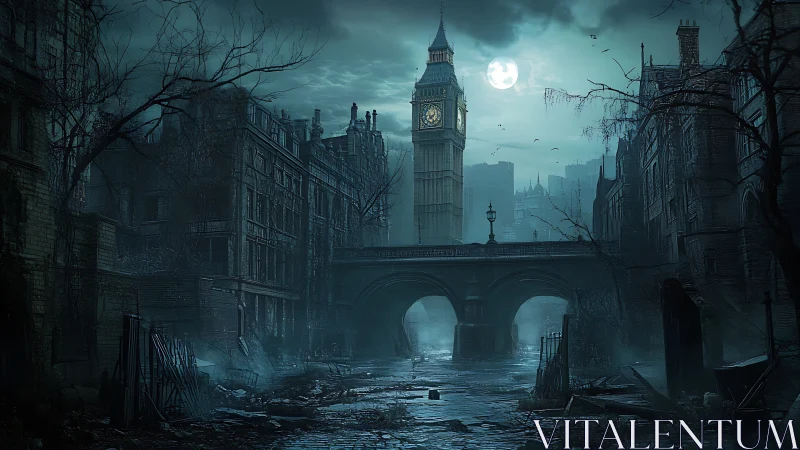 Post-apocalyptic London street rendered in nocturnal blue haze
