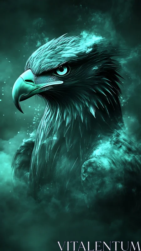 Neon-lit eagle portrait in atmospheric teal digital painting.