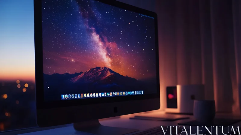 Desktop computer with night sky wallpaper at dusk.