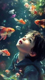 Child gazes upward through aquatic light, surrounded by vivid koi