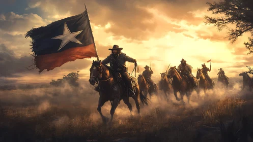 Texas cavalry charge at sunset with weathered lone star banner