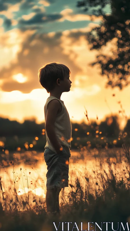 Silhouetted child stands in tall grass by lake at sunset