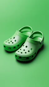 Lime green EVA clogs with perforated uppers under soft studio keylight