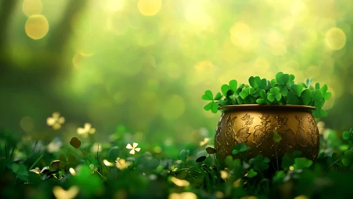 Golden clover pot glows softly in a dreamy spring meadow.