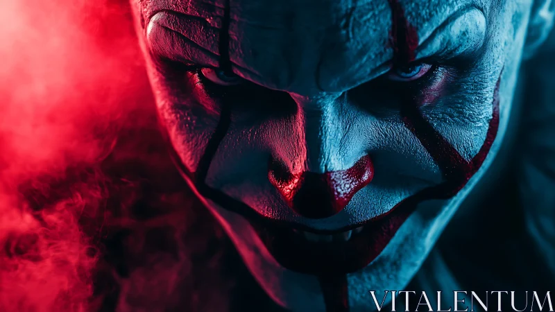 Close frontal portrait of sinister clown makeup face.