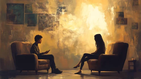 Two people sit facing each other in warmly lit lounge