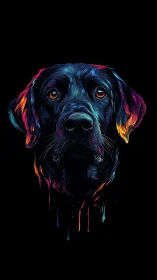 Neon labrador portrait glows against deep black background