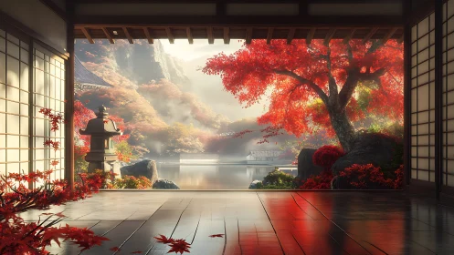 Autumn temple veranda gazes into a mist-kissed lakeside dream.