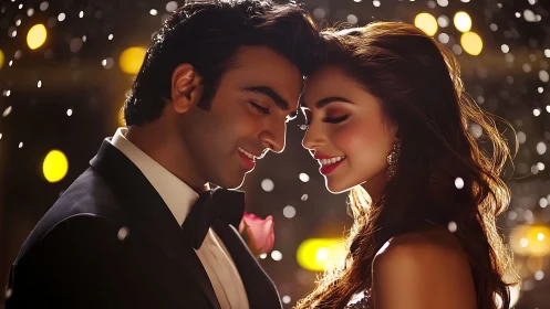 Romantic couple dancing under golden bokeh lights.