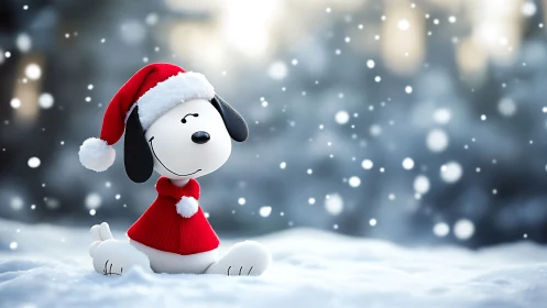 Cartoon beagle in red Santa outfit in soft winter snowfall.