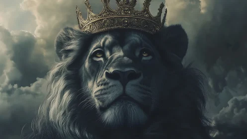 Crowned lion portrait against dense overcast cloud backdrop.
