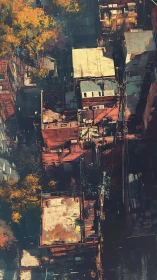 Rooftop view of dense urban blocks with mixed foliage presence.