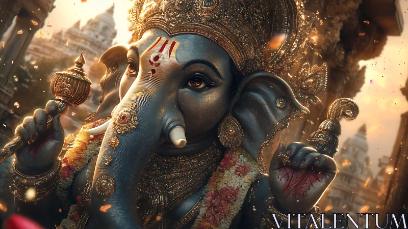 Majestic Lord Ganesha in radiant golden temple light.