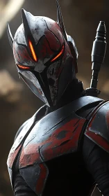 Armored cyber warrior with glowing visor and distressed plating.