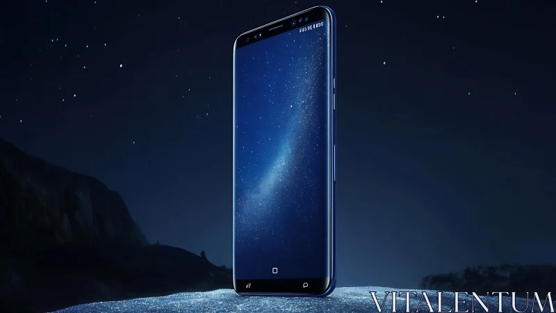 Smartphone Display at Night with Starfield and Landscape Background