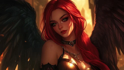 Red haired winged woman stands in warm backlit environment