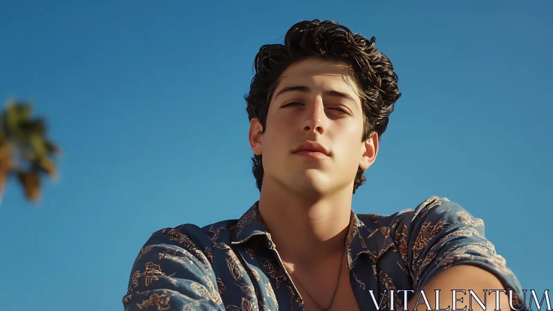 Sunlit portrait of a relaxed young man under clear skies