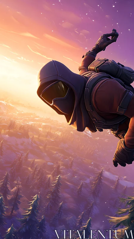 Stealth paratrooper descending over stylized snowy conifer valley