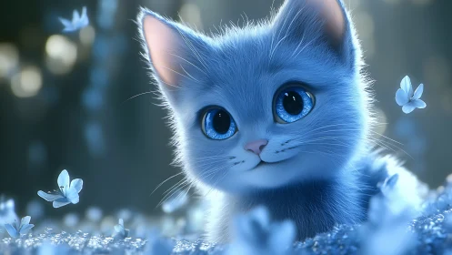 Blue Cat with Striking Eyes Among Delicate Flowers and Snow