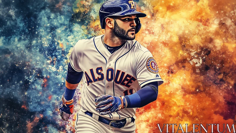 Baseball player in action with bold orange blue backdrop.