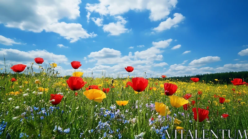 Vibrant wildflower meadow under perfect blue sky.