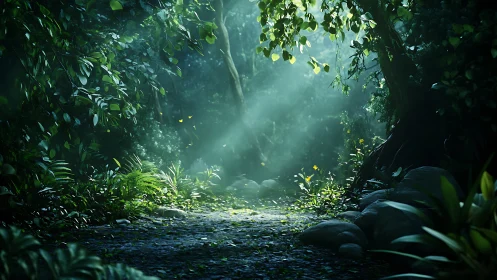 Subcanopy Radiant Pathway: Luminous Forest Grotto Interior Study.