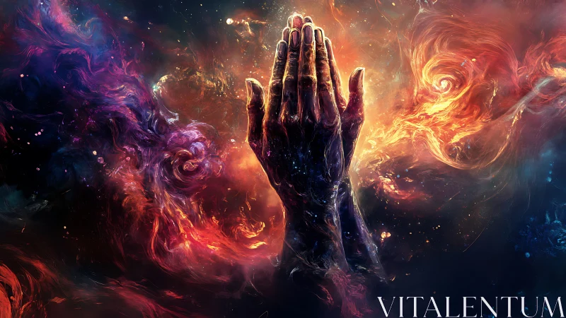 Praying hands rise through swirling cosmic nebula light
