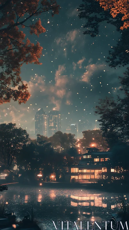 Urban skyline contrasts with lantern-lit lakeside villa at twilight