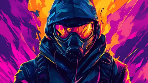 Neon rogue in a gas mask storms the ultraviolet blaze.