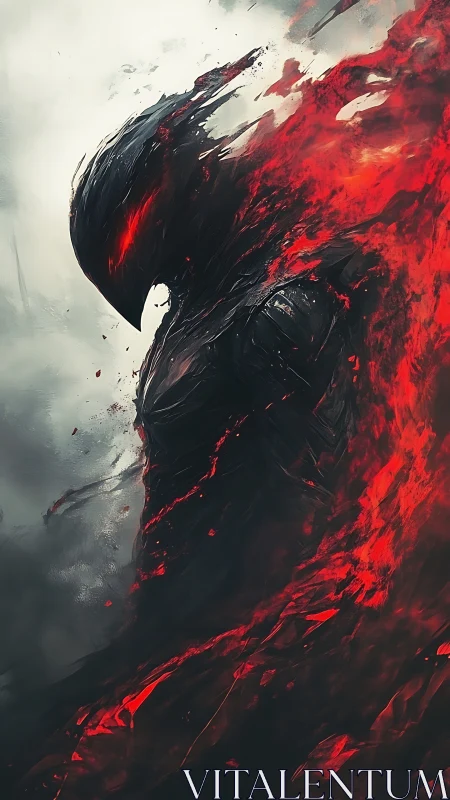 Digital painting of infernal wraith in eruptive red motion.