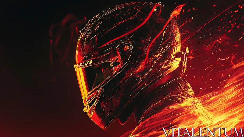 Profile view of helmeted rider in stylized red flames.