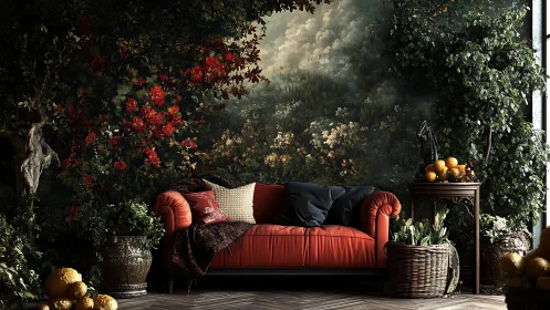 Velvet sofa anchors lush botanical interior with mural depth