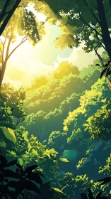 Golden Light Pierces Through Layered Forest Canopy