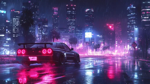 Neon street racer idles under rain in futuristic cityscape