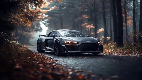 Photorealistic supercar on misty autumn forest roadway scene.