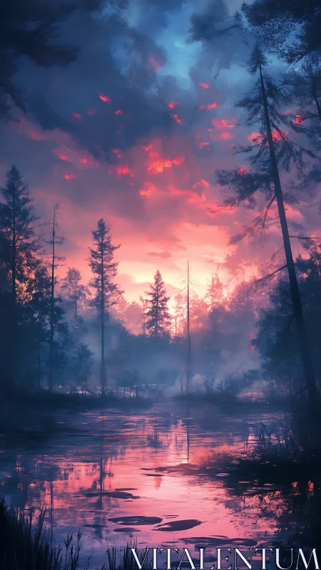 Dreamy forest lake glowing under a soft pink sunrise.