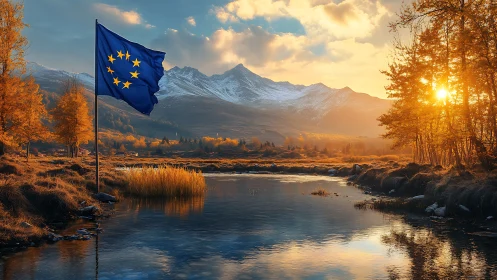 European flag by river in autumn mountain landscape.