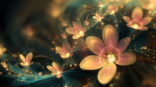 Luminous fractal blossoms swirling through teal nightscape.