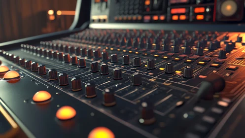 Studio mixing console glows with warm, cinematic light