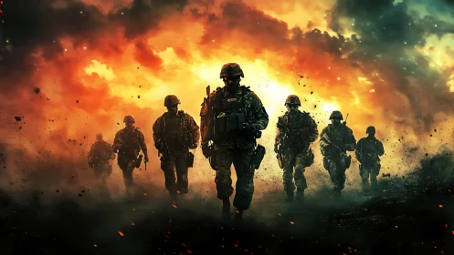 Soldiers advancing through fiery battlefield smoke.