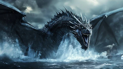 Sea dragon erupts from stormy ocean beside fleeing ships.