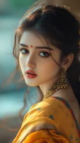 Digital portrait of woman in yellow sari with jewelry detail.