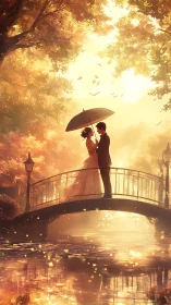 Couple Under Umbrella on Romantic Bridge at Sunset.