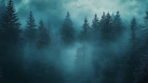 Misty Coniferous Forest Landscape at Dusk
