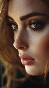 Soft-lit close-up portrait with expressive green eyes.