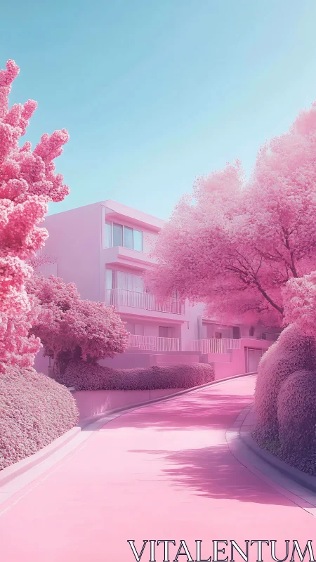 Residential driveway curves past trees with monochrome foliage