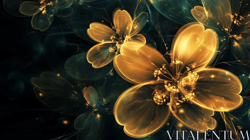 Glowing golden fractal flowers on deep teal background.