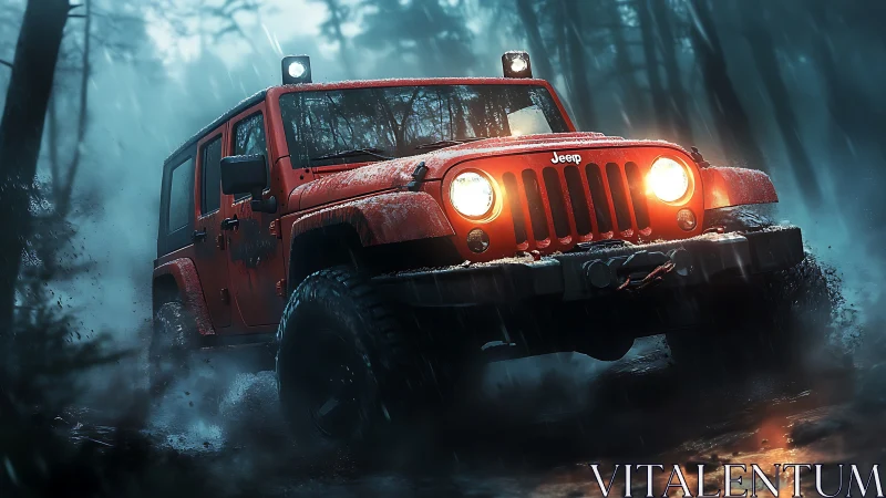 Red Jeep powers through dark rainy forest trail at speed