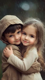 Two Young Children Share a Sweet Rainy Day Embrace Together