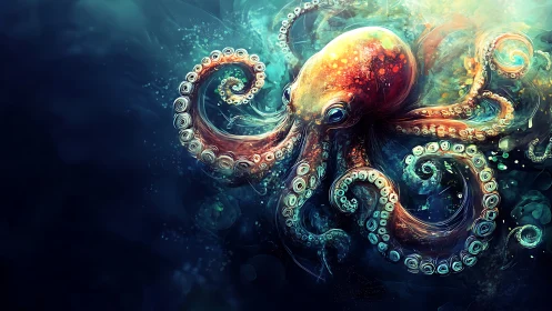 Color-saturated digital octopus in swirling deep water.
